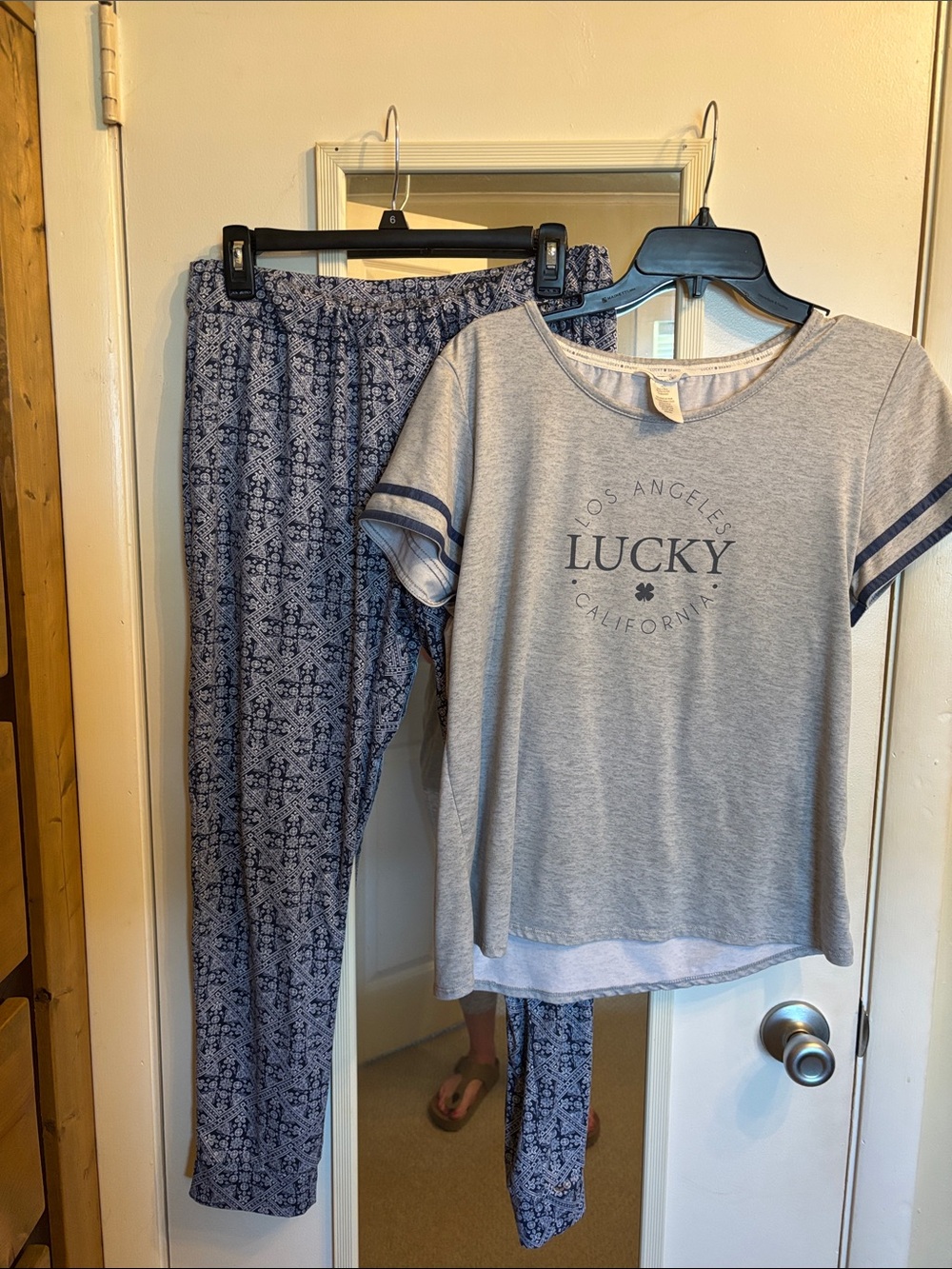 Lucky Brand Heather Gray Short Sleeve Pajama Top with Navy Print Pants